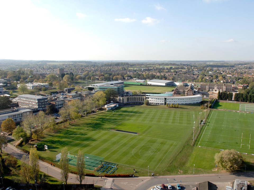 Taken by a drone, the nets sit alongside the cricket pitch.