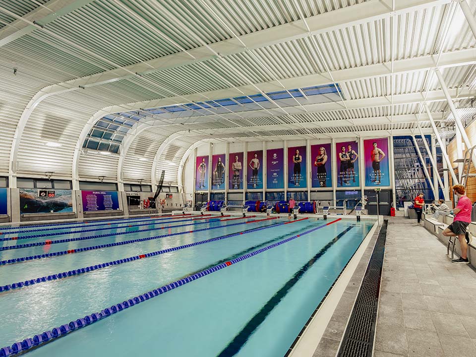 Under banners of celebrated Olympians, the swimming pool is set up in 8 lanes.