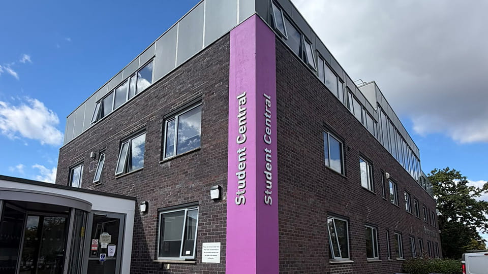 The outside of the Bridgeman Building showing the prominent Student Central name