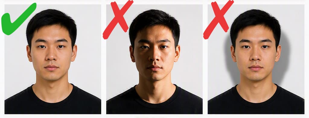 Three images of a student ID photo - the first is correct with pale background and fully-visible face. The second shows a shadow on the left half of the face, making it hard to see. The third has a shadow behind on the wall to the right and left of the head.