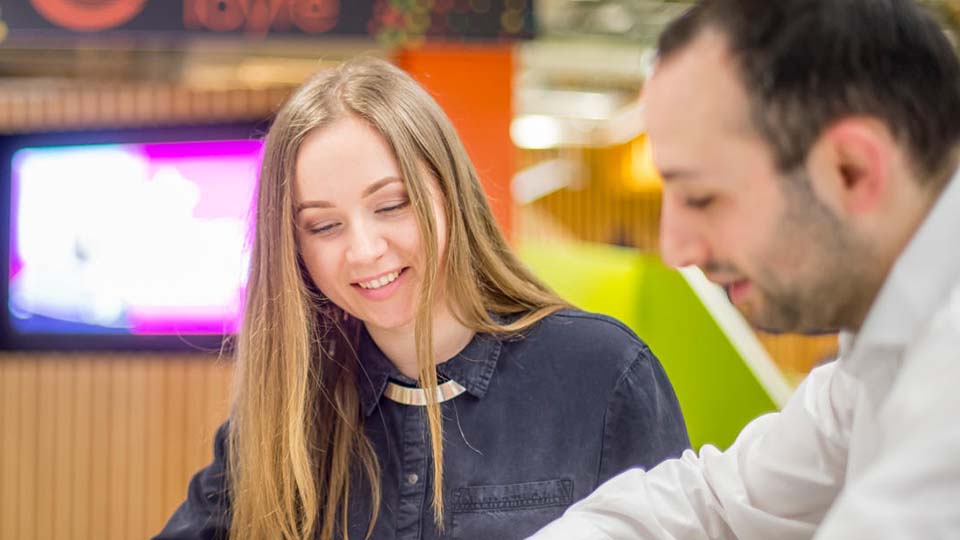 two students talking