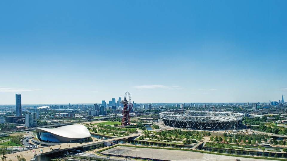 a view of the Loughborough University London campus with the London skyline in the distance