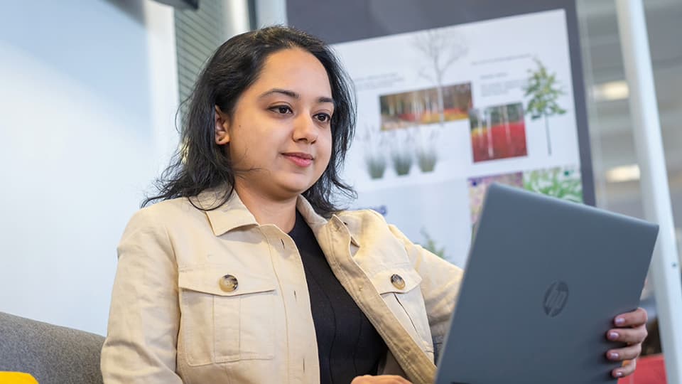 Anjali sat down looking at a laptop.