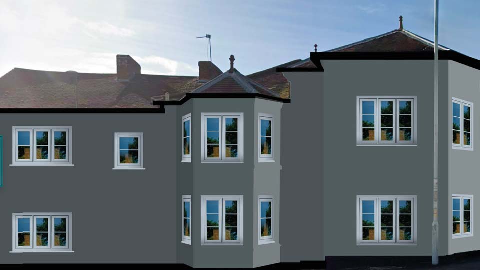 Architectural rendering of a two-storey grey building featuring multiple white-framed windows and projecting bay windows.