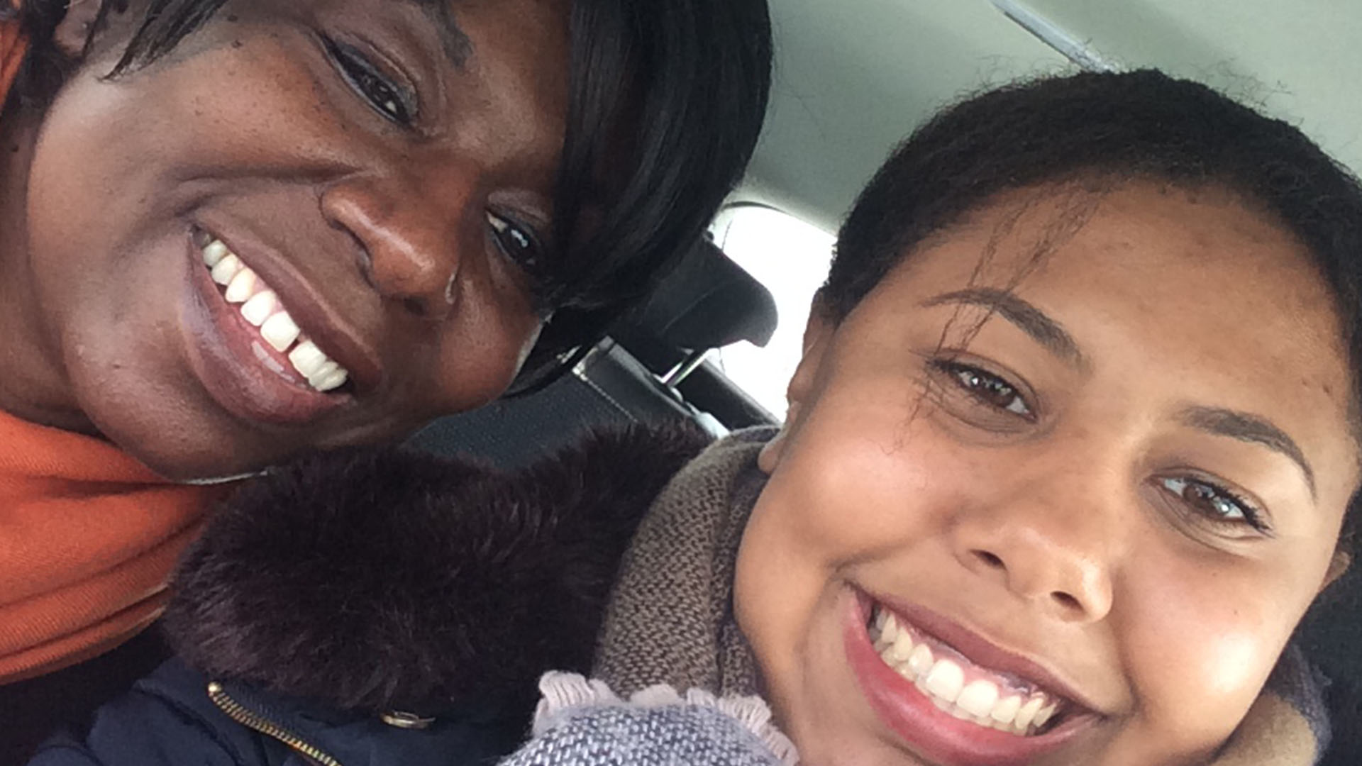 Kathryn and her mother in a car before a university open day. 