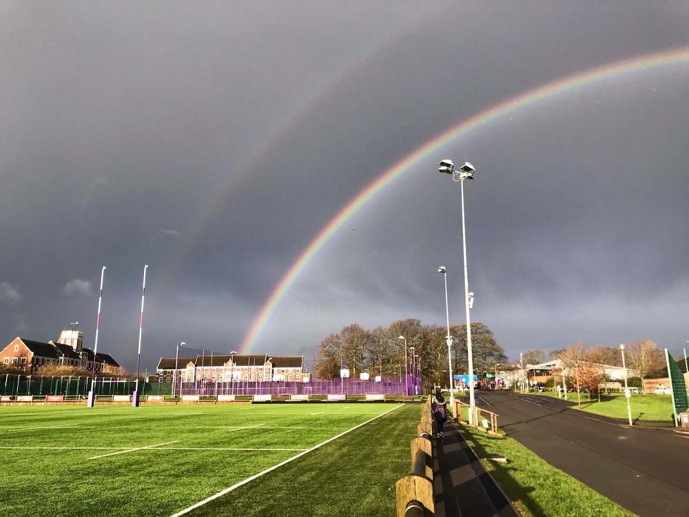 Image of a rainbow over the Loughborough University campus.