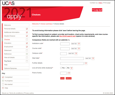 Screenshot from the UCAS online application showing the course choice page.