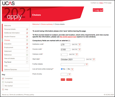 A screenshot from the UCAS online application showing Saiyaf inputting the details of a course he would be applying to. 