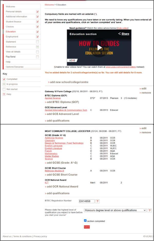 A screenshot from the UCAS online application which details Saiyaf's education and qualifications. 