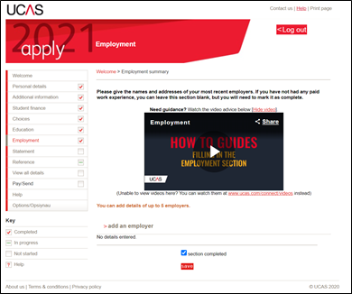 A screenshot from the UCAS online application which shows the employment section. 