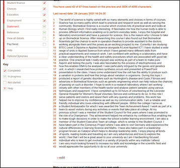 A screenshot from the UCAS online application which shows Saiyaf's personal statement and how many lines he has used out of the 47 allowed. 