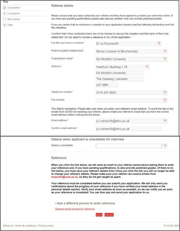 A screenshot from the UCAS online application which shows the referee details section. 