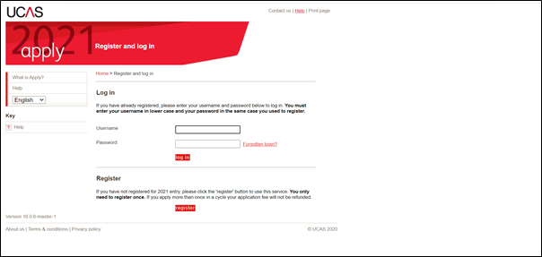 A screenshot from the UCAS online application login page. 