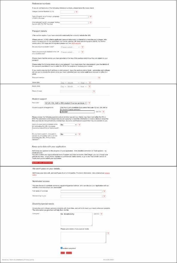 A screenshot from the UCAS online application showing more of the personal details section. 