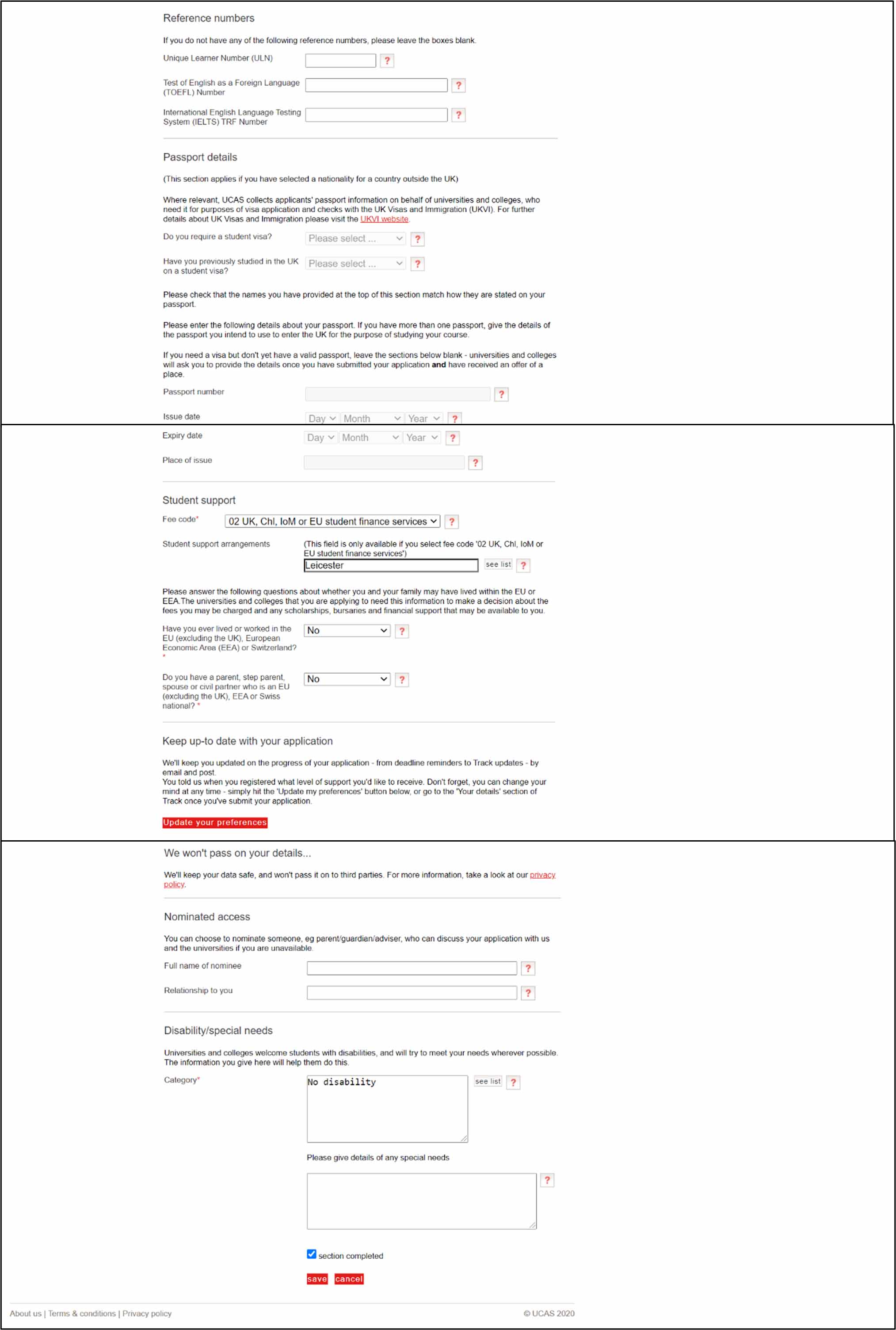 A screenshot from the UCAS online application showing more of the personal details section. 