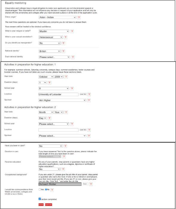 A screenshot from the UCAS online application showing the additional personal information section. 