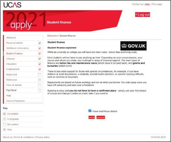 A screenshot from the UCAS online application which shows the student finance information section.
