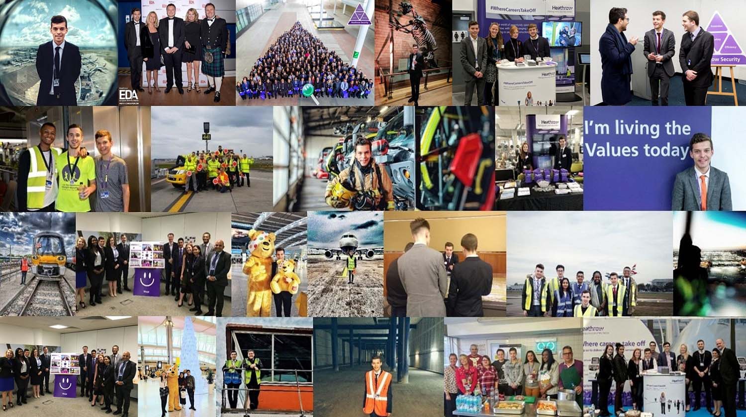 Collage of images of Paul at Heathrow airport in his graduate role. 