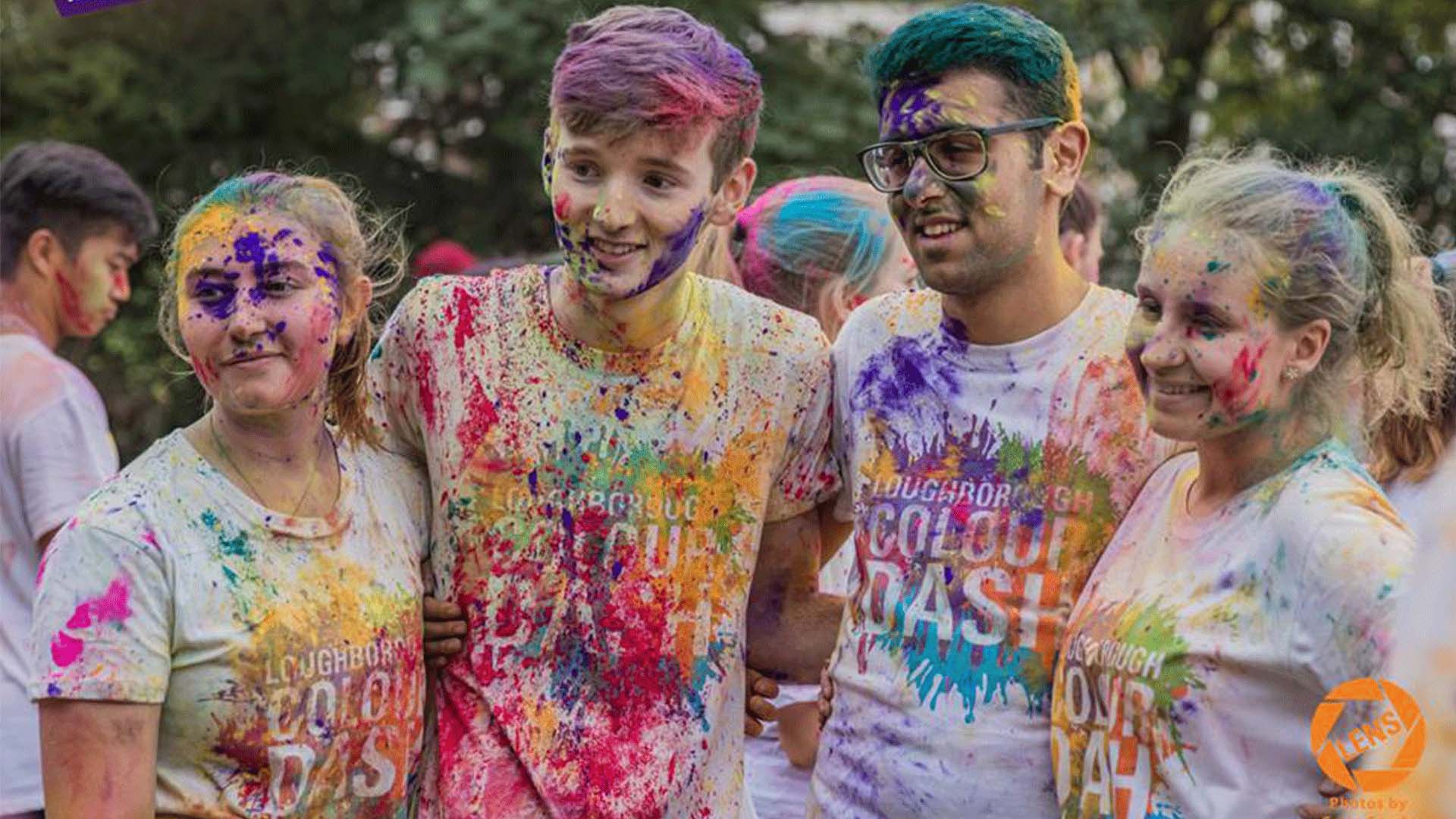 Hannah and her three friends at the Loughborough University Colour Dash covered in paint. 