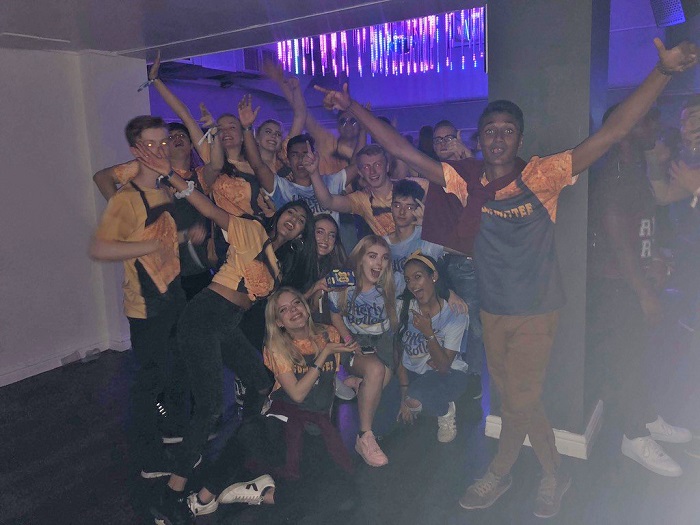 A group of freshers and fresher helpers on a night out in Loughborough's students union. 