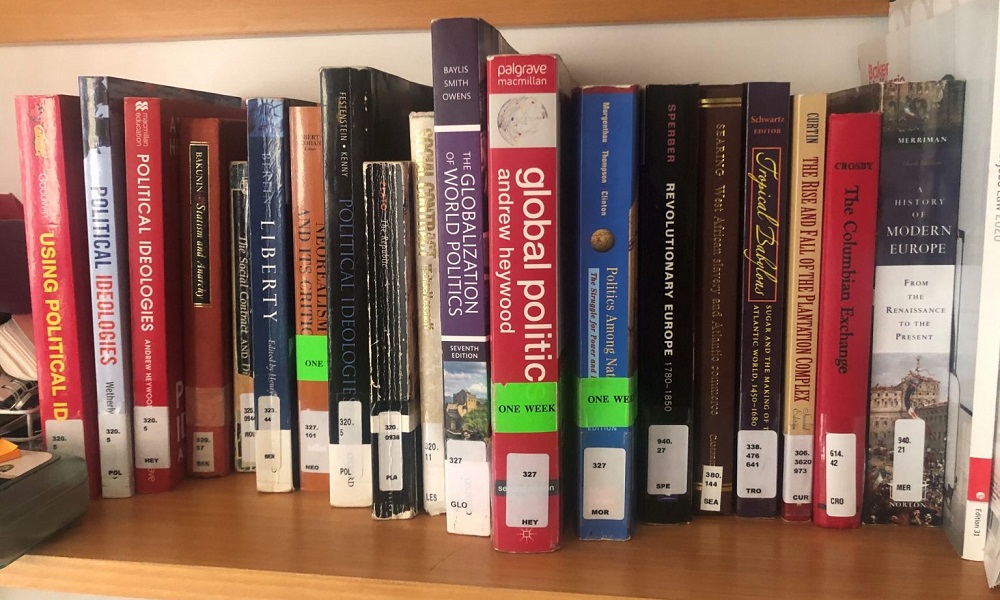 Photo of books on a bookshelf that Nyasha has taken from the University library. 