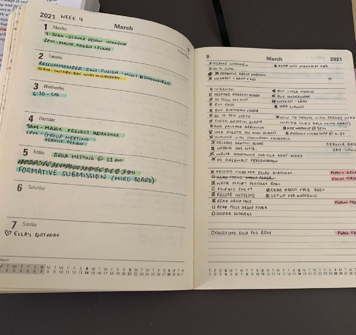 Lilymae's diary showing a week in March and the things that are happening on each day. 