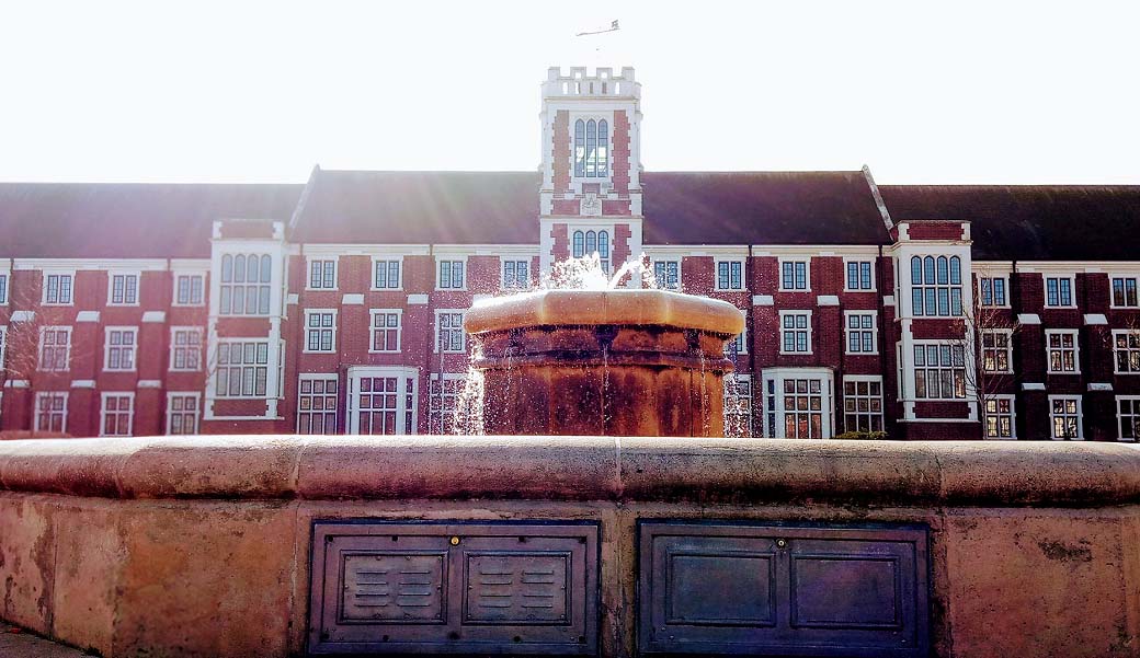 The Loughborough University fountain in front of the Hazlerigg building. 
