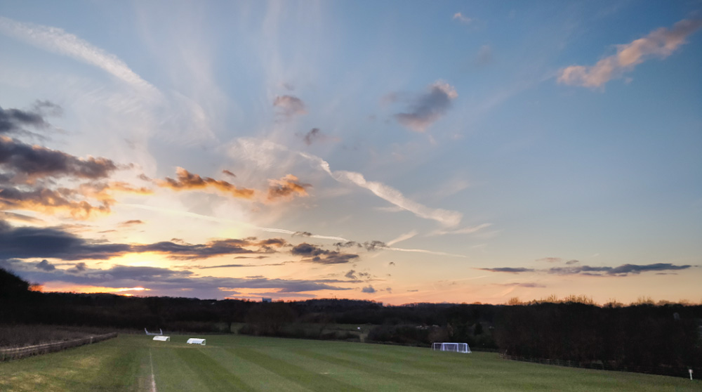 A sunset over a Loughborough University football pitch. 
