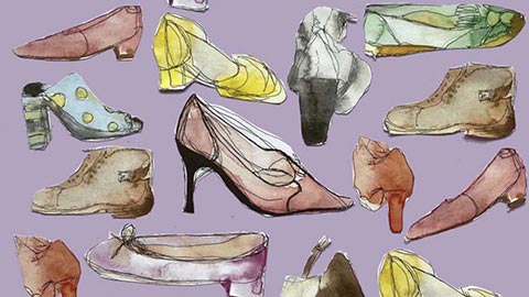 Illustrated shoe design sketches in various styles and colours arranged on a purple background.