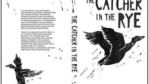 Black-and-white book cover and spine design for The Catcher in the Rye, featuring bold typography and bird illustrations.