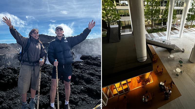 Nathan and a friend at the summit of Mount Fuji in Japan, alongside an image of the Shibaura University campus buildings in Tokyo.