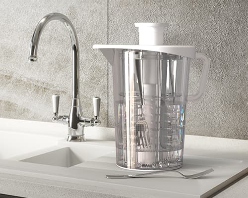 Thomas' cutlery-cleaning project displayed on a sink, as a final design visualisation.