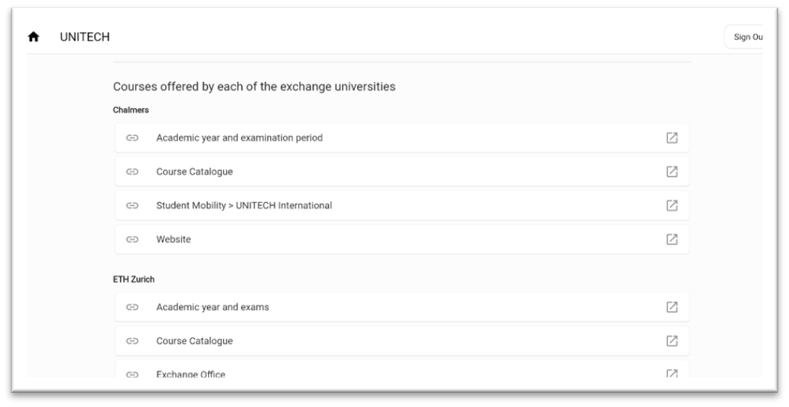 Screengrab showing the 'view' buttons for the UNITECH university partners.