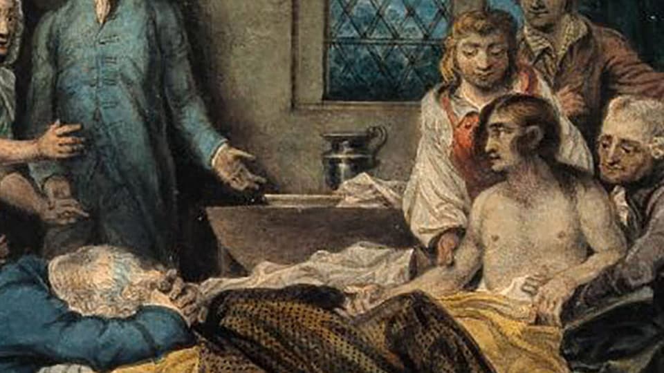 an illustration of a patient in bed surrounded by people