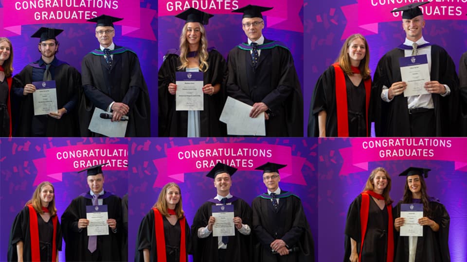 Collage of six graduation award presentation photos showing graduates in academic gowns and mortarboards posing with certificates