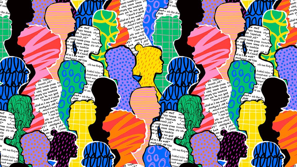 an illustration of colourful patterned heads in a crowd