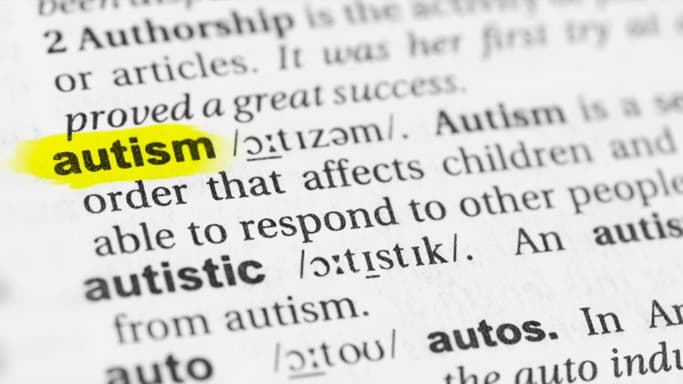 words from a dictionary with the word 'autism' highlighted in yellow