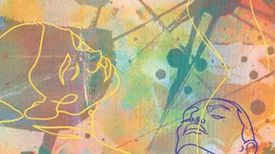 a graphic showing sketches of two faces on colourful background