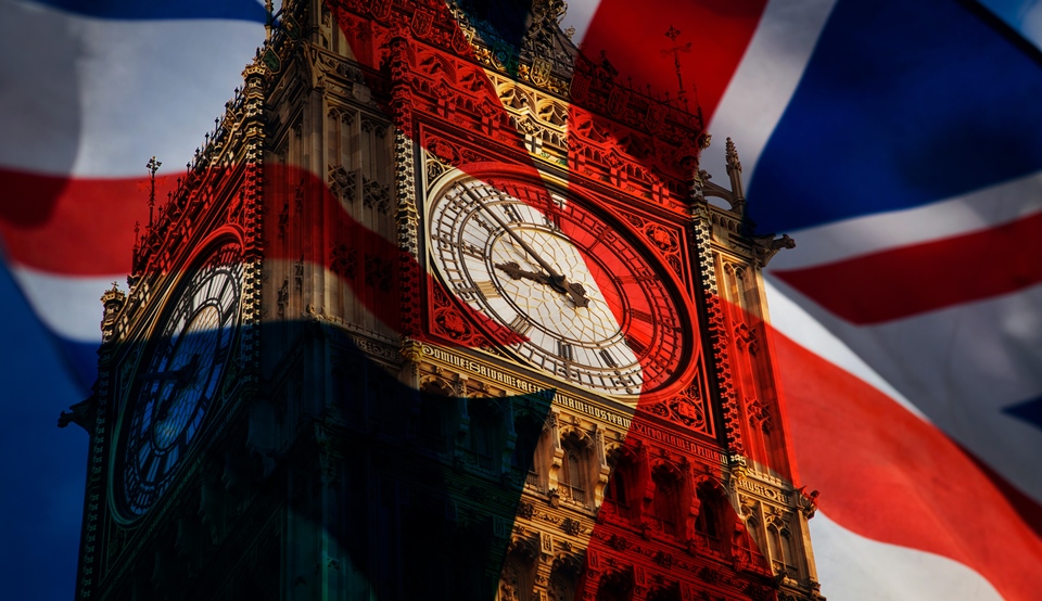 Big Ben with a Union Jack flag