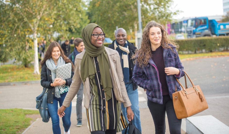 Students walking through campus