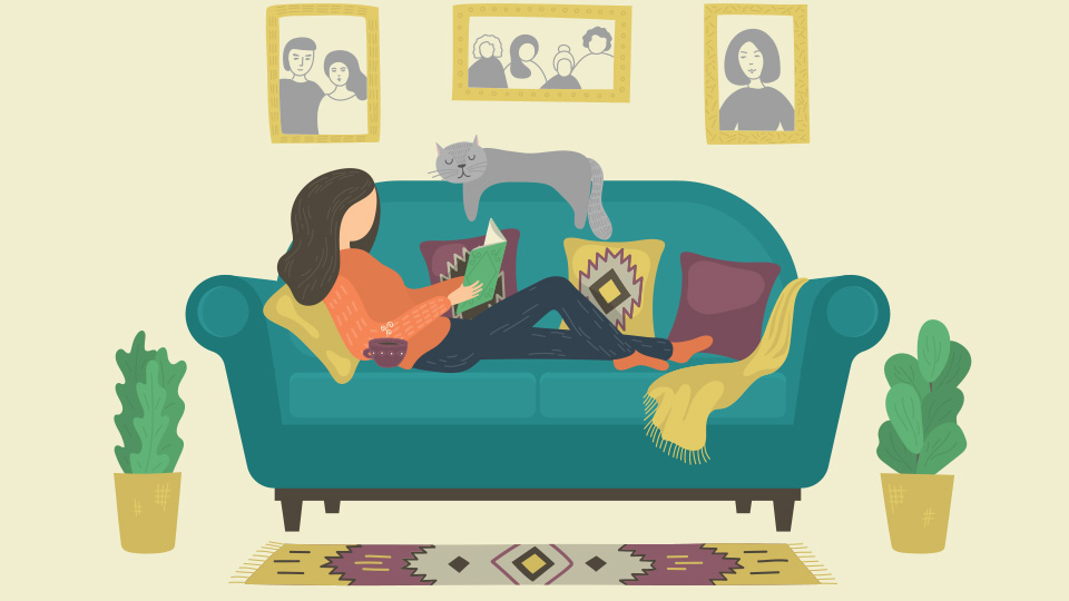Drawing of a woman on a sofa reading a book. 
