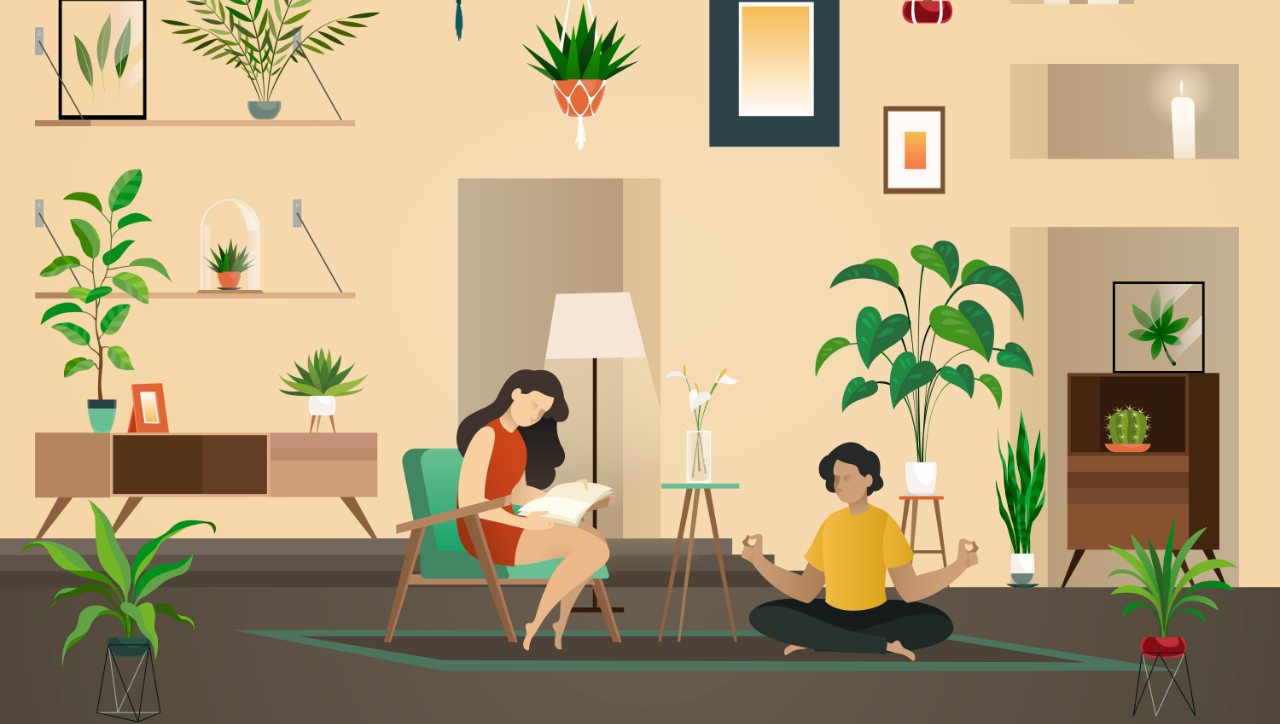 Man and woman sat in a room with a lot of plants