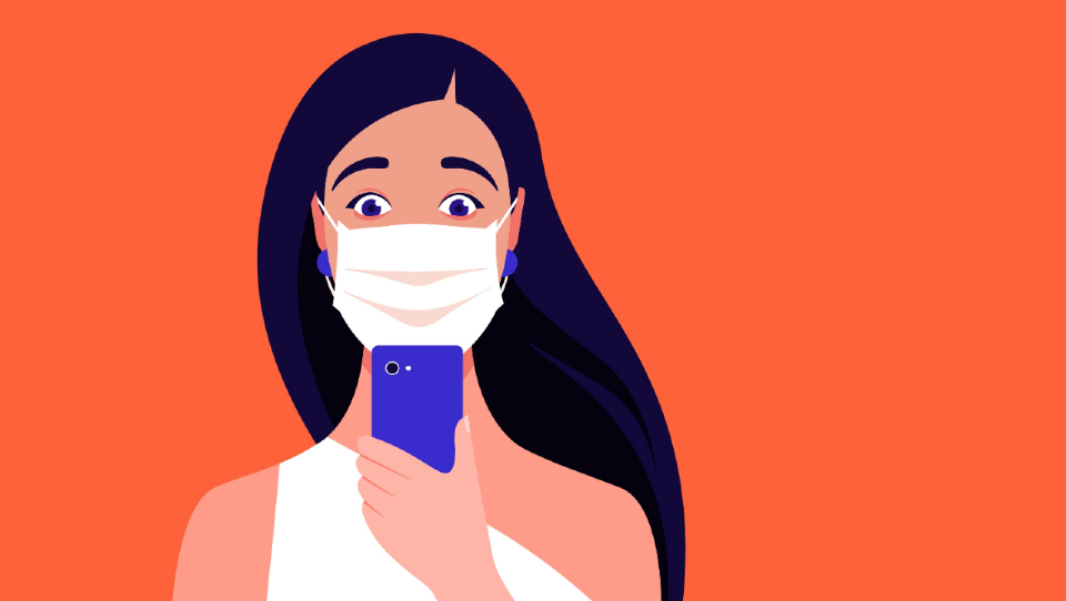 Illustration of a woman in a face mask on the phone 