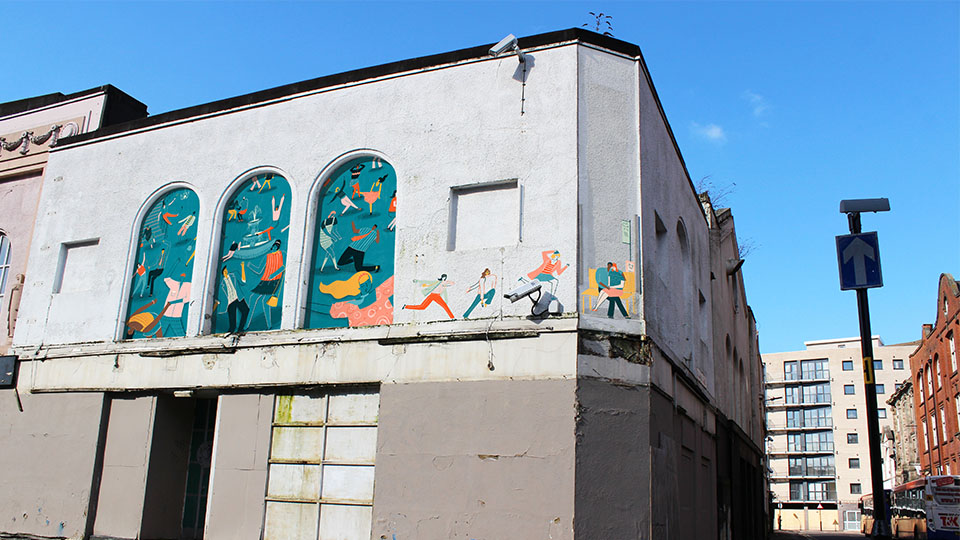 The Palais De Danse is the old dancehall where the 'lunchtime dances' would draw in crowds on a Friday. The illustration (which would form part of the trail) portrays women running back to work and a couple by a bus stop wrapping around the walls of the building.