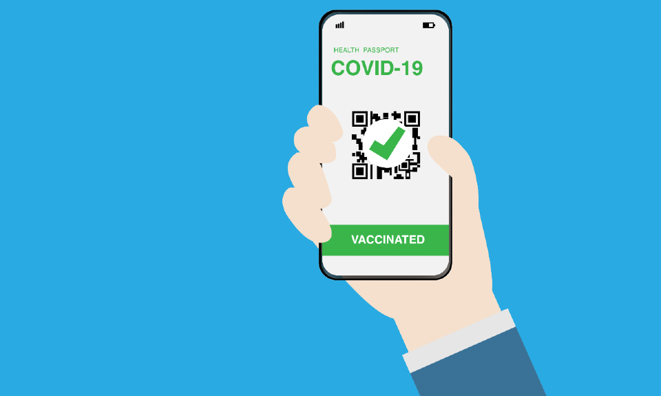 Illustration of a phone with a vaccine digital passport on it 