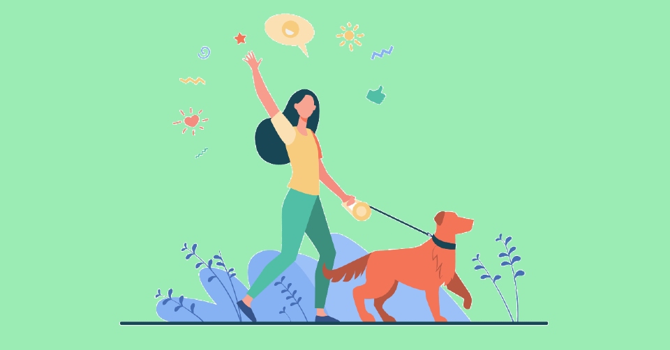 Illustration of a woman walking her dog