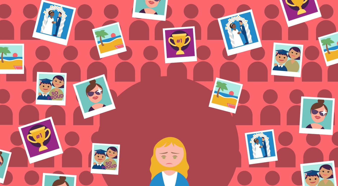Animation of a girl surrounded by images from social media. 