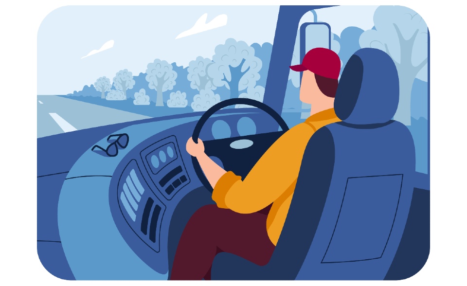 Illustration of a lorry driver in a red hat sat behind the wheel of a lorry driving down the road. 