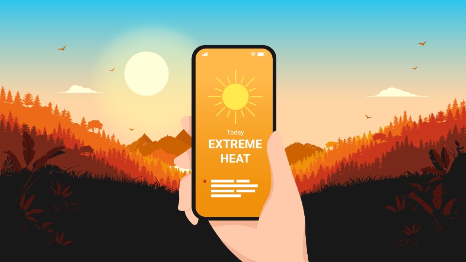 Illustration of a phone saying 'extreme heat' with a red toned landscape in the background 