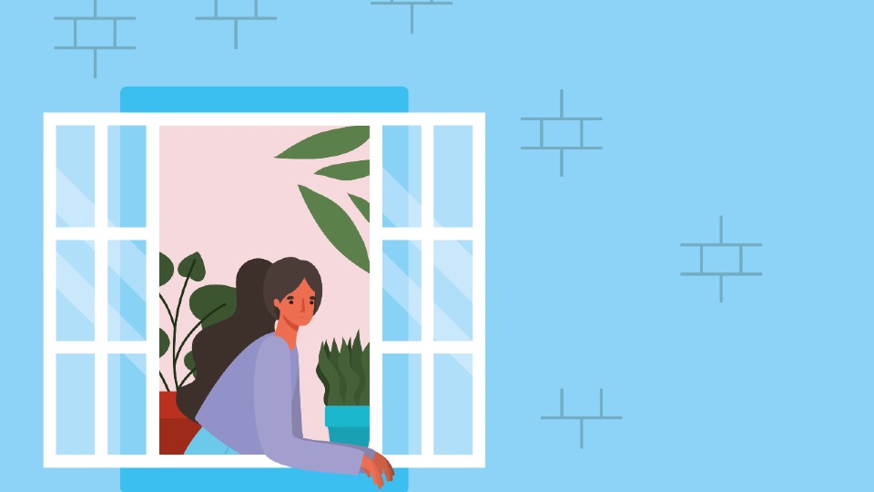 Illustration of a woman at the window with her plants